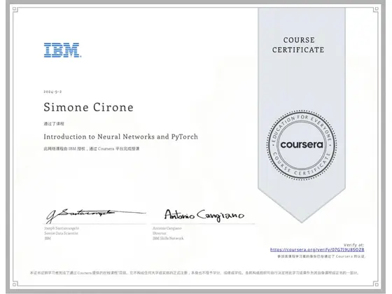 Attestato: Introduction to Neural Networks and PyTorch, rilasciato da IBM