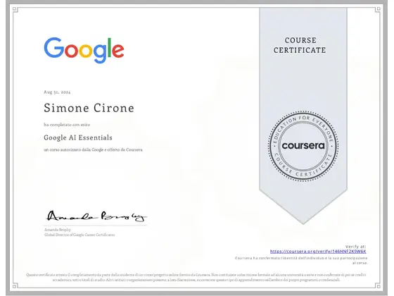Attestato: Google AI Essentials, rilasciato da Google