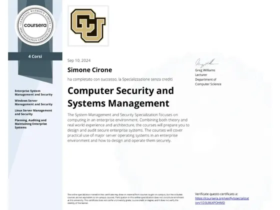 Attestato Computer Security and Systems Management, rilasciato da University of Colorado System