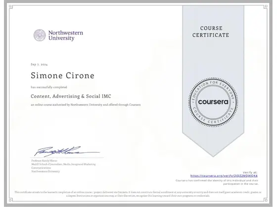 Attestato "Content, Advertising & Social IMC" della Northwestern University, rilasciato da Northwestern University