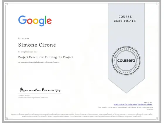 Attestato: Project Execution: Running the Project, rilasciato da Google