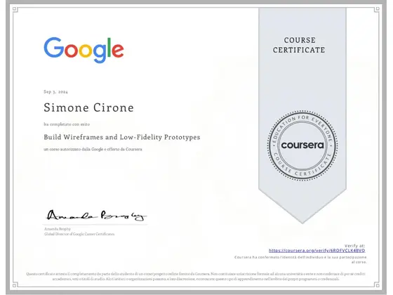 Attestato: Build Wireframes and Low-Fidelity Prototypes, rilasciato da Google