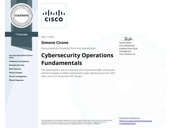 Attestato Cybersecurity Operations Fundamentals, rilasciato da Cisco Learning and Certifications