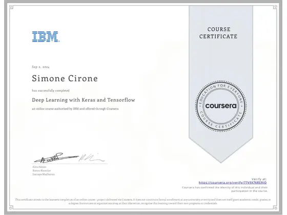 Attestato: Deep Learning with Keras and Tensorflow, rilasciato da IBM
