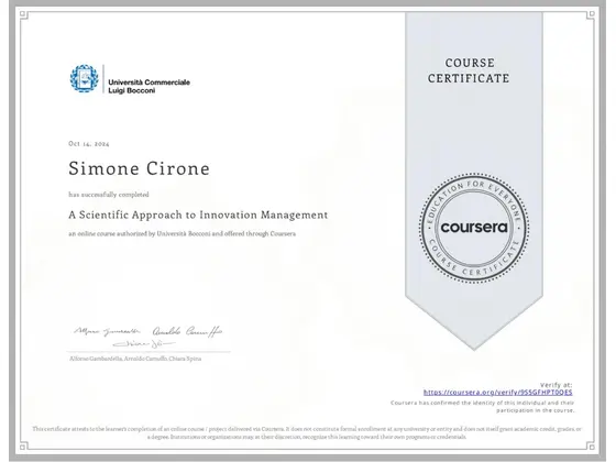 Attestato: A Scientific Approach to Innovation Management, rilasciato da Università Bocconi