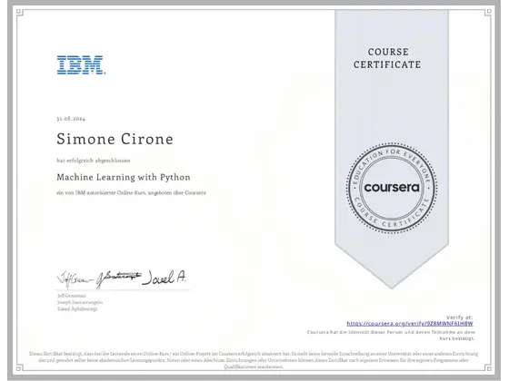 Attestato: Machine Learning with Python, rilasciato da IBM