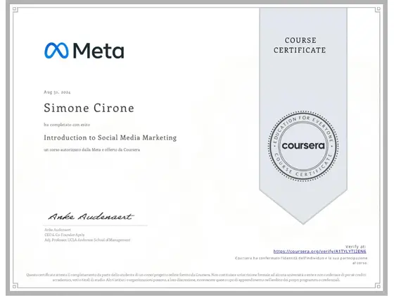 Attestato Meta Introduction to Social Media Marketing, rilasciato da Meta
