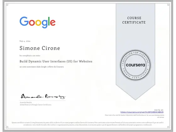 Attestato: Build Dynamic User Interfaces (UI) for Websites, rilasciato da Google