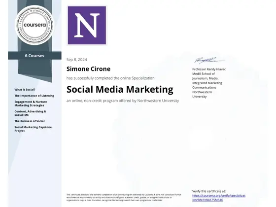 Attestato Social Media Marketing, rilasciato da Northwestern University