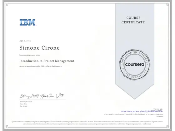 Attestato Introduction to Project Management, rilasciato da IBM