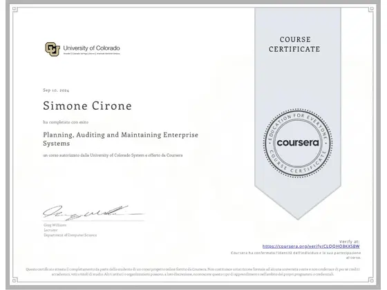 Attestato: Planning, Auditing and Maintaining Enterprise Systems, rilasciato da University of Colorado System