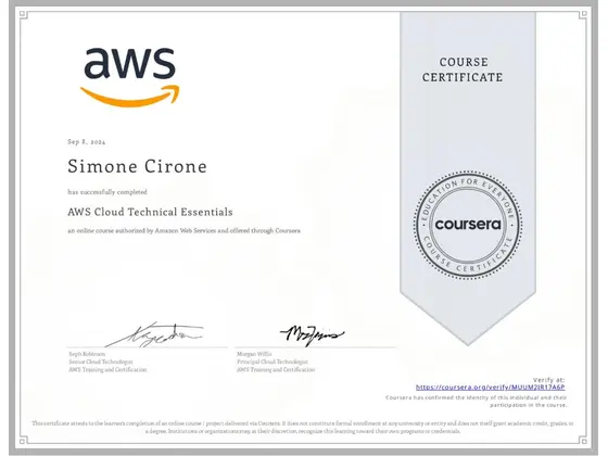 Attestato Amazon Web Services AWS Cloud Technical Essentials, rilasciato da Amazon Web Services
