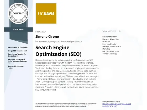 Attestato Search Engine Optimization (SEO), rilasciato da University of California, Davis