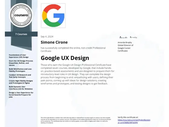 Attestato Google UX Design (Certificato Professionale), rilasciato da Google