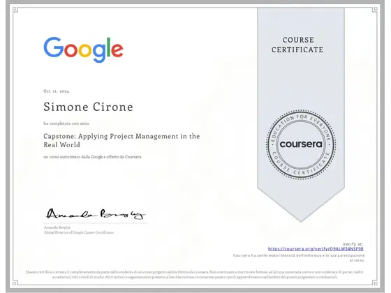 Attestato: Capstone: Applying Project Management in the Real World, rilasciato da Google