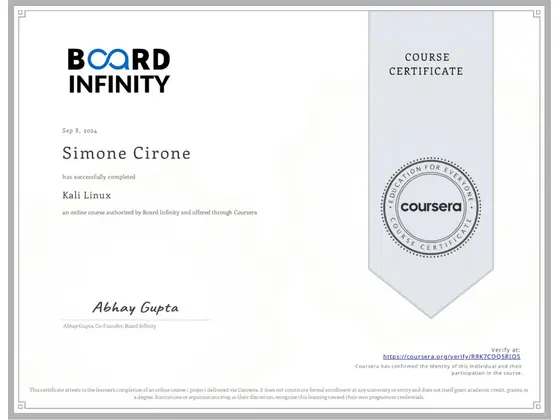 Attestato Kali Linux, rilasciato da Board Infinity