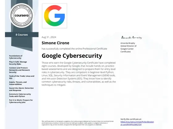 Attestato Google Cybersecurity, rilasciato da Google