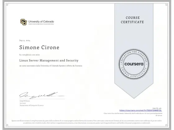 Attestato: Linux Server Management and Security, rilasciato da University of Colorado System