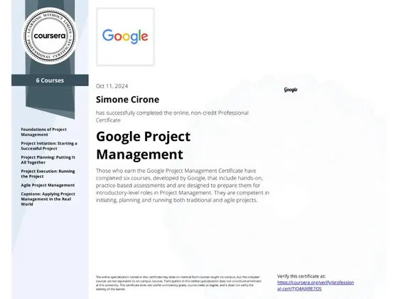Attestato Google Project Management (Certificato Professionale), rilasciato da Google