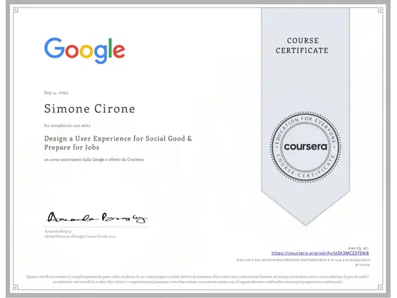 Attestato: Design a User Experience for Social Good & Prepare for Jobs, rilasciato da Google