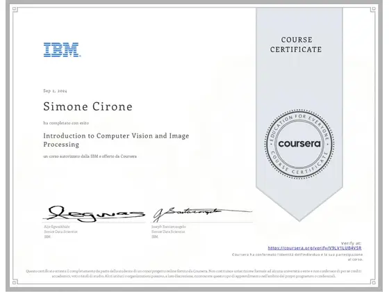 Attestato: Introduction to Computer Vision and Image Processing, rilasciato da IBM