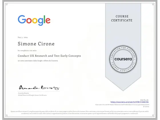 Attestato: Conduct UX Research and Test Early Concepts, rilasciato da Google
