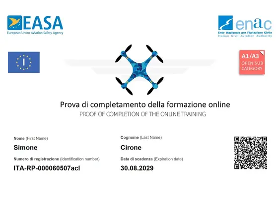 Attestato ENAC-EASA: Sicurezza e Competenza nell'Utilizzo dei Droni - Pilota Droni, rilasciato da ENAC-EASA