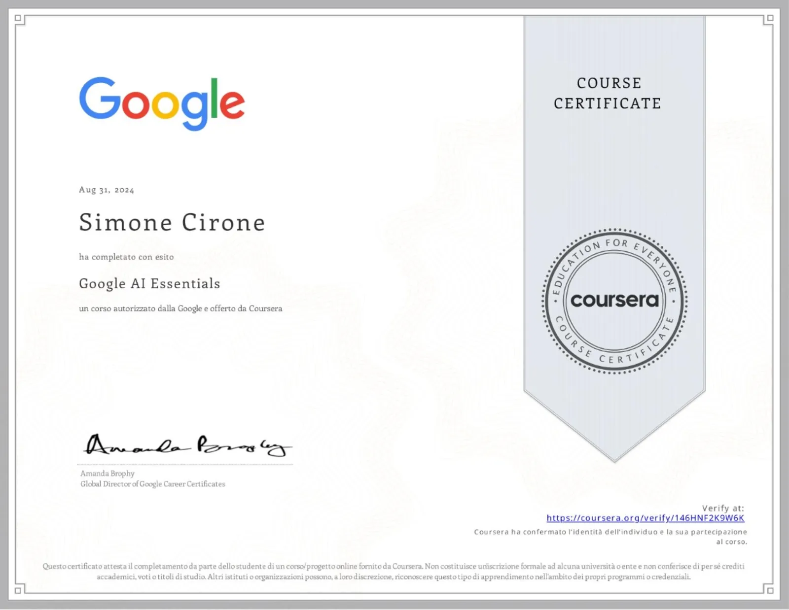 Attestato ufficiale: Google AI Essentials, rilasciato da Google nel 2024