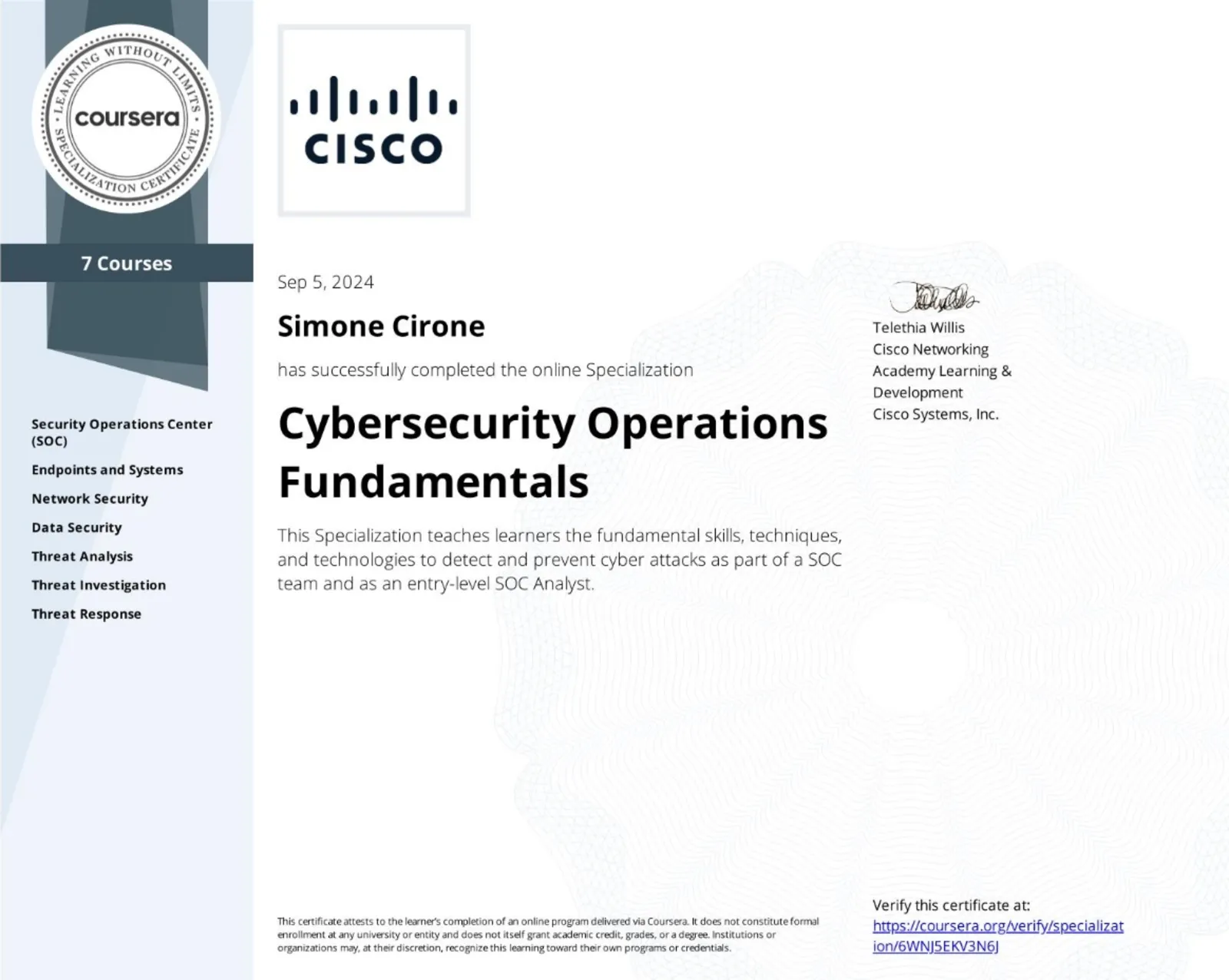 Attestato ufficiale: Cybersecurity Operations Fundamentals, rilasciato da Cisco Learning and Certifications nel 2024