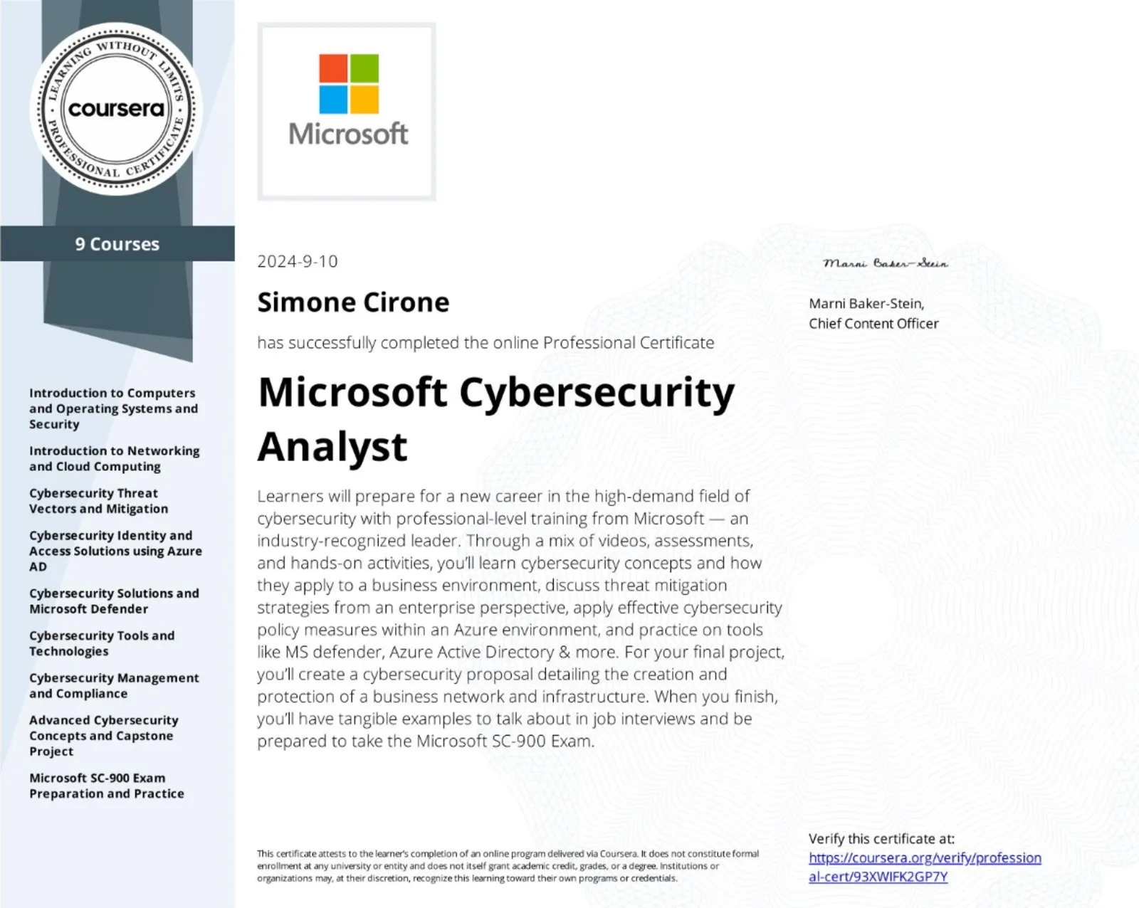 Attestato ufficiale: Microsoft Cybersecurity Analyst (Certificato Professionale), rilasciato da Microsoft nel 2024