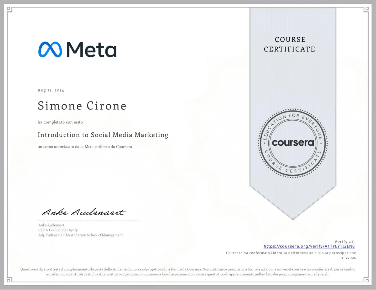 Attestato ufficiale: Meta Introduction to Social Media Marketing, rilasciato da Meta nel 2024