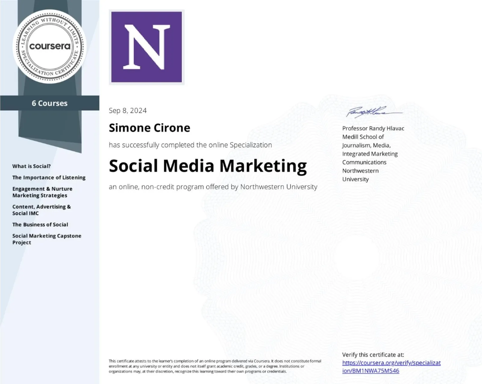 Attestato ufficiale: Social Media Marketing, rilasciato da Northwestern University nel 2024