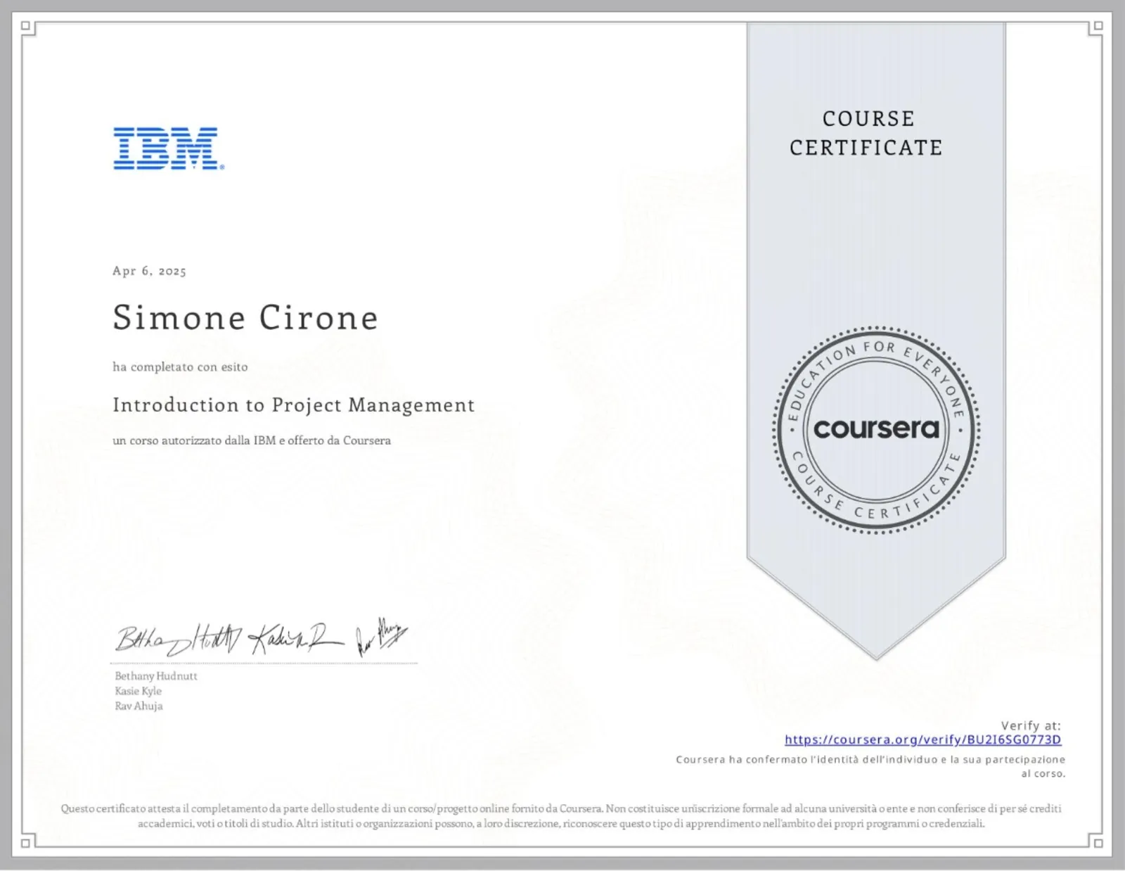 Attestato ufficiale: Introduction to Project Management, rilasciato da IBM nel 2025