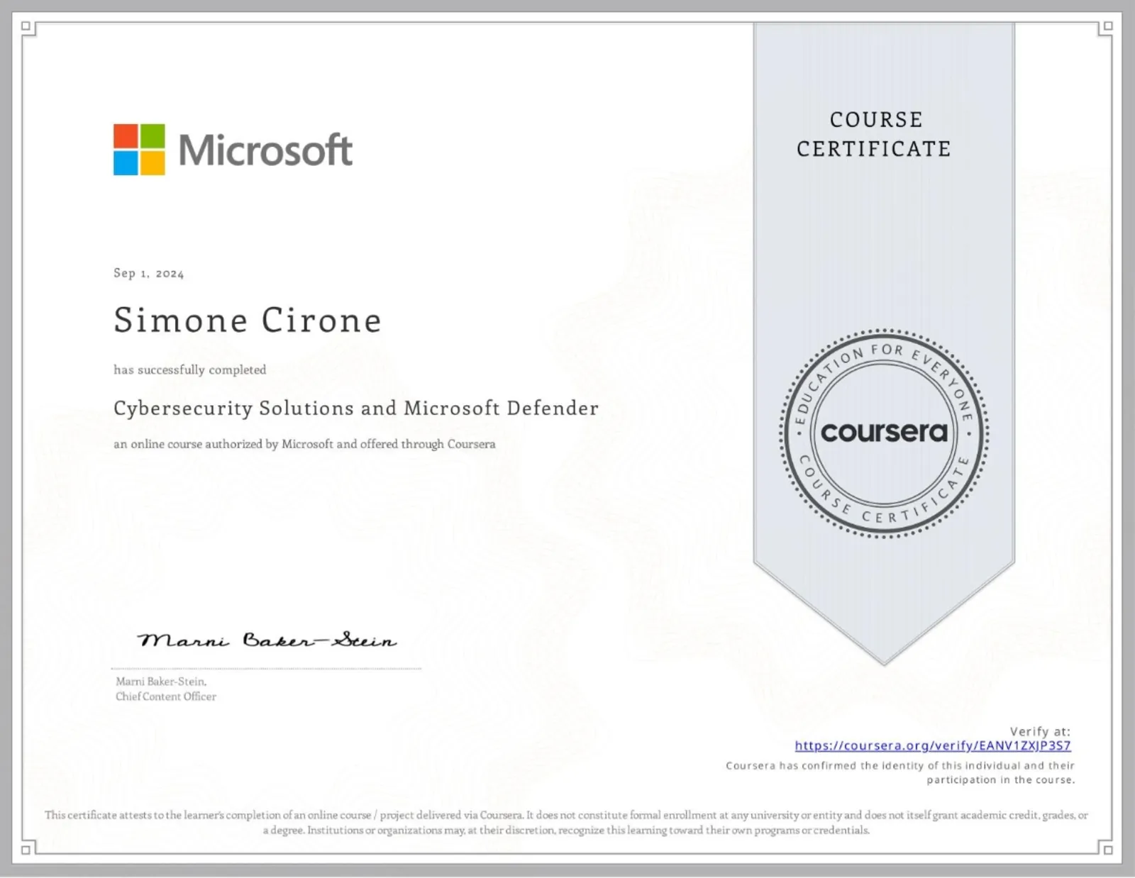 Attestato ufficiale: Microsoft Cybersecurity Solutions and Microsoft Defender, rilasciato da Microsoft nel 2024