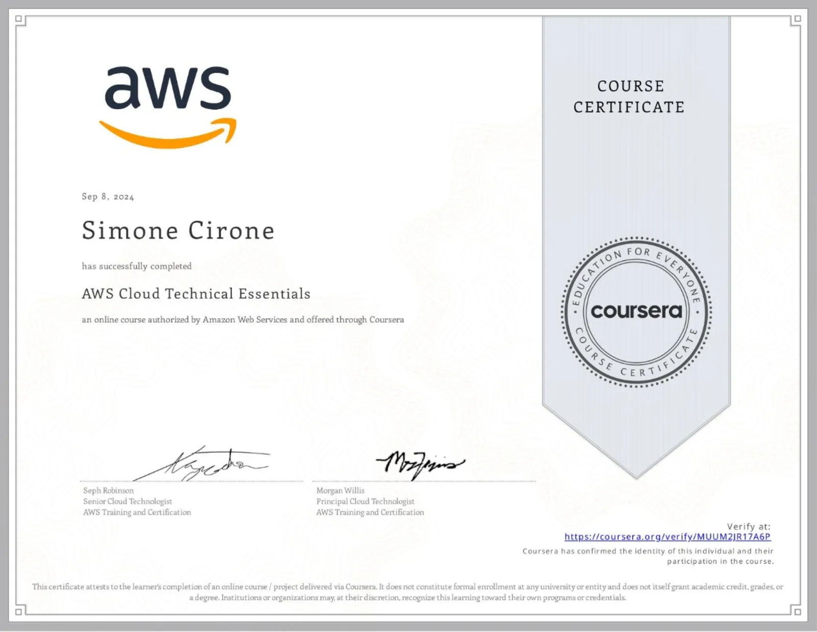 Attestato ufficiale: Amazon Web Services AWS Cloud Technical Essentials, rilasciato da Amazon Web Services nel 2024