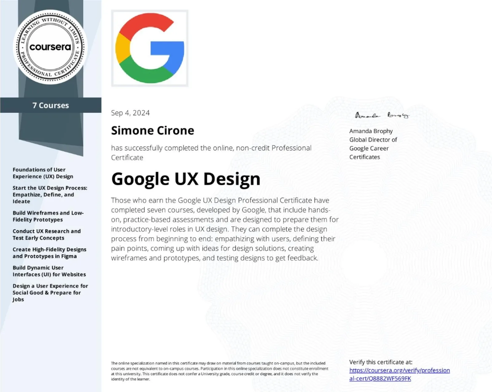 Attestato ufficiale: Google UX Design (Certificato Professionale), rilasciato da Google nel 2024