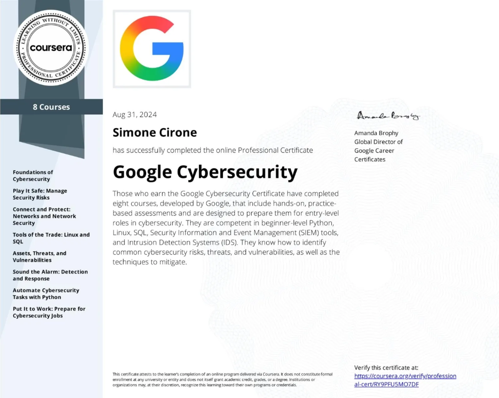 Attestato ufficiale: Google Cybersecurity, rilasciato da Google nel 2024