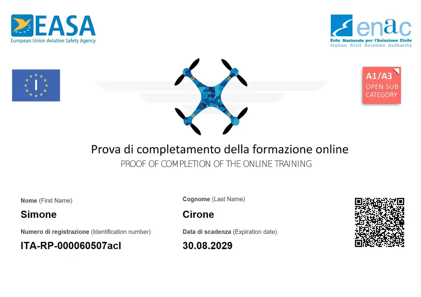 Attestato ufficiale: ENAC-EASA: Sicurezza e Competenza nell'Utilizzo dei Droni - Pilota Droni, rilasciato da ENAC-EASA nel 2024