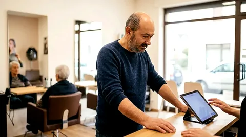 Simone Cirone in un salone di parrucchiere con il tablet delle prenotazioni