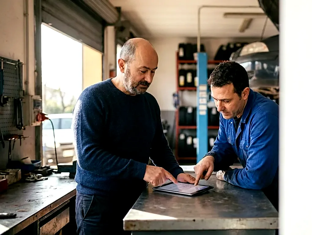 Simone Cirone dal cliente, in officina, guarda i dati del sito su un tablet