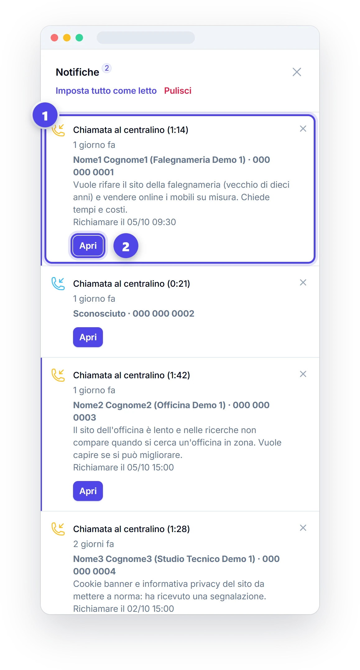 Pannello delle notifiche con l'avviso di una chiamata al centralino