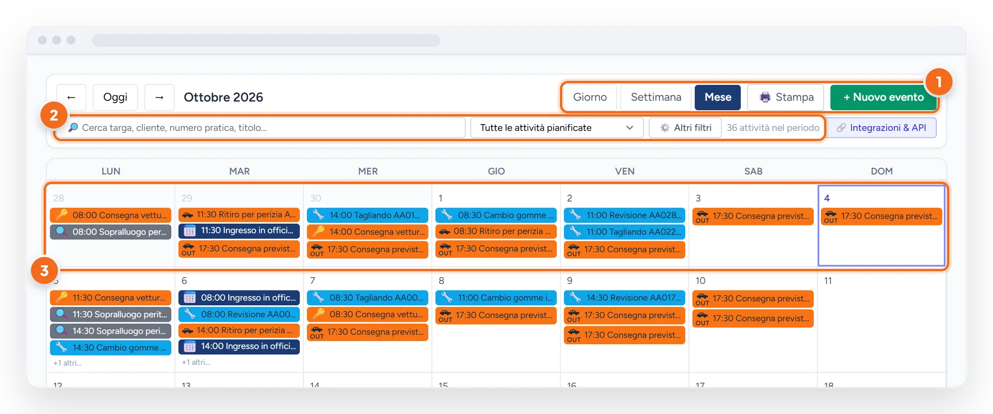 Calendario del mese con consegne, ritiri, perizie e tagliandi