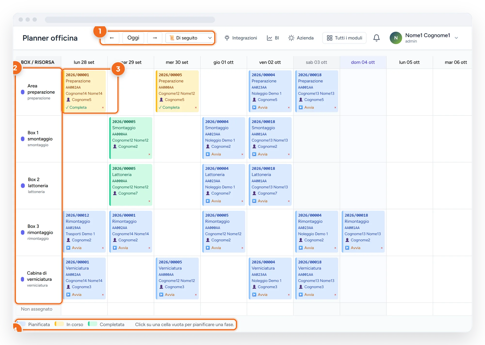 Planner dell'officina con le fasi di lavoro sui box