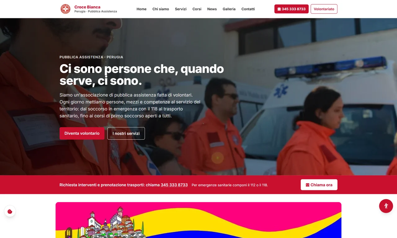 Schermata della parte alta del sito Croce Bianca Perugia, case study Evo Sistemi
