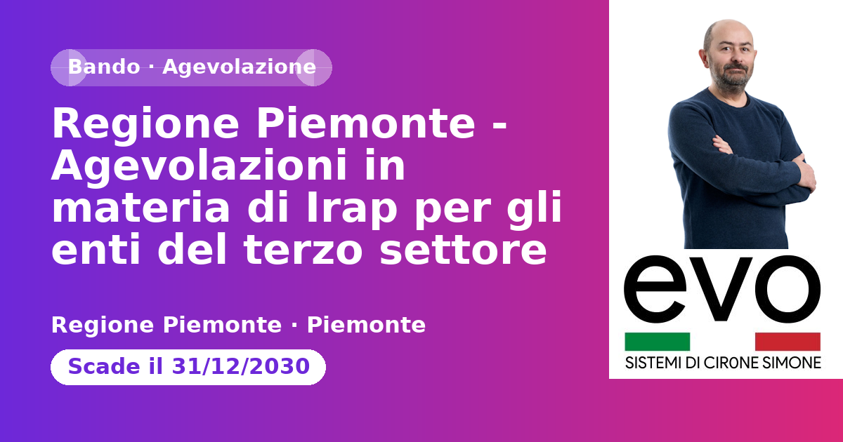 Anteprima: Regione Piemonte - Agevolazioni in materia di Irap per gli enti del terzo sett…
