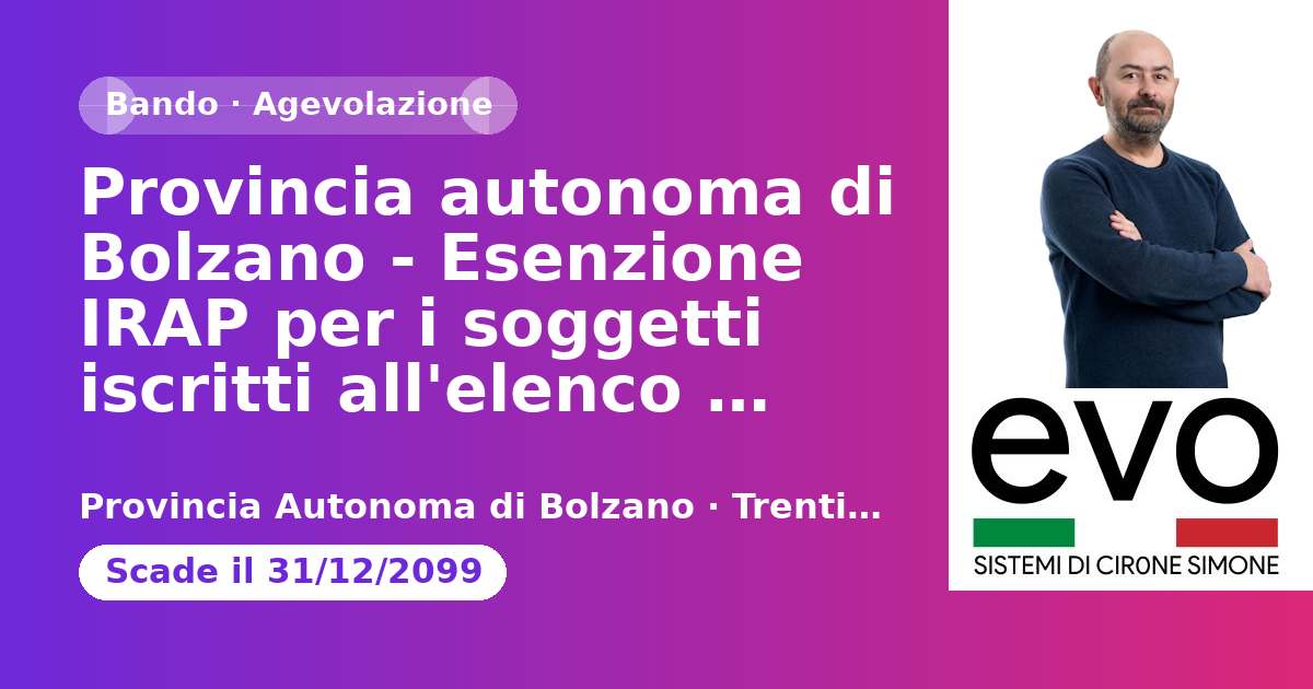 Anteprima: Provincia autonoma di Bolzano - Esenzione IRAP per i soggetti iscritti all'ele…