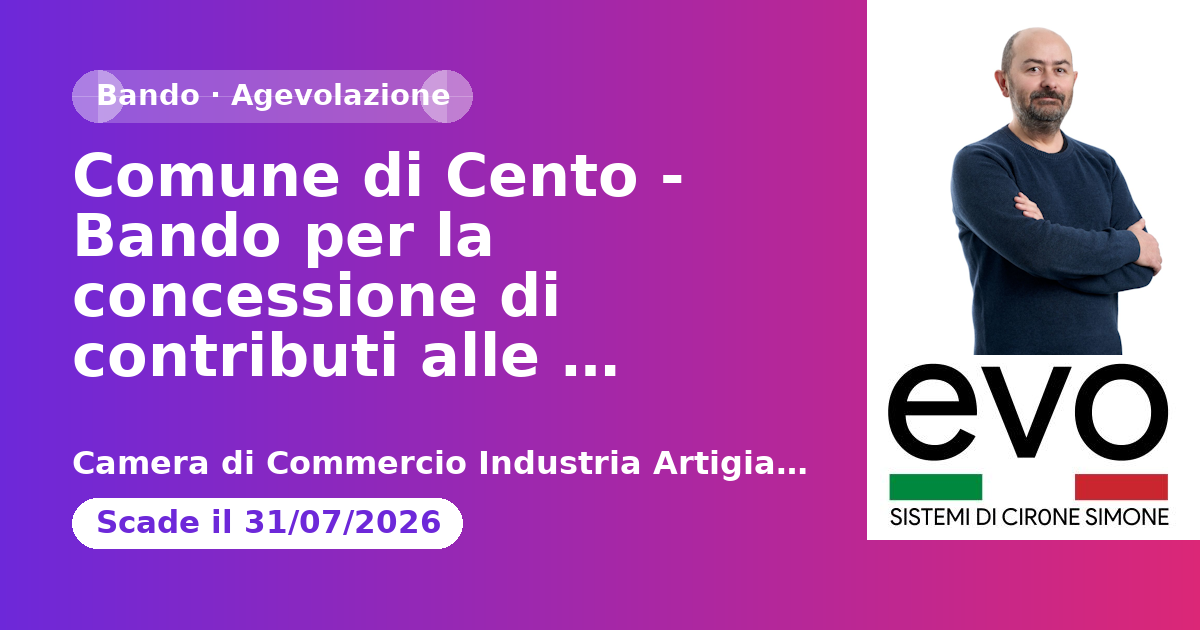 Comune di Cento - Bando per la concessione di contributi alle imprese localizzate extra hub