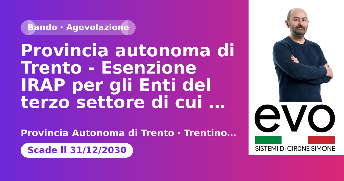 Anteprima: Provincia autonoma di Trento - Esenzione IRAP per gli Enti del terzo settore d…