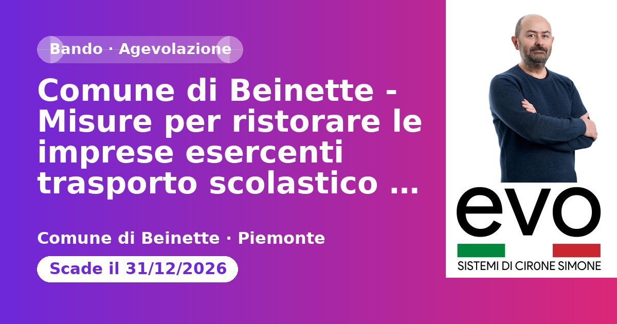 Comune di Beinette - Misure per ristorare le imprese esercenti trasporto scolastico delle perdite di fatturato da Covid19