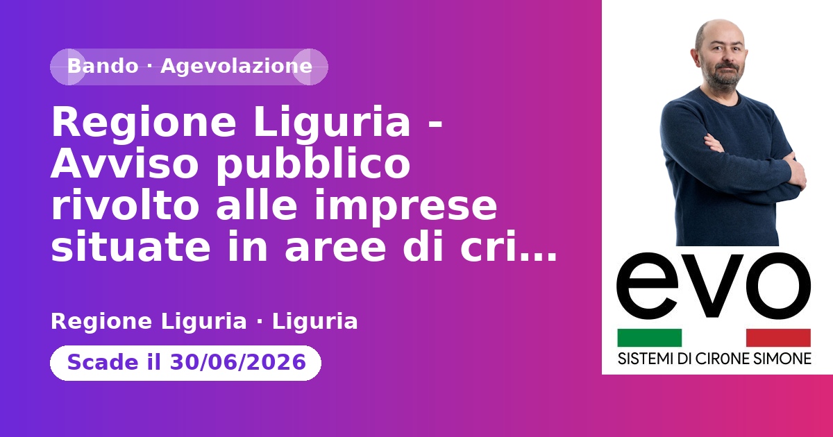 Regione Liguria - Avviso pubblico rivolto alle imprese situate in aree di crisi per il finanziamento di interventi di formazione continua - 2026